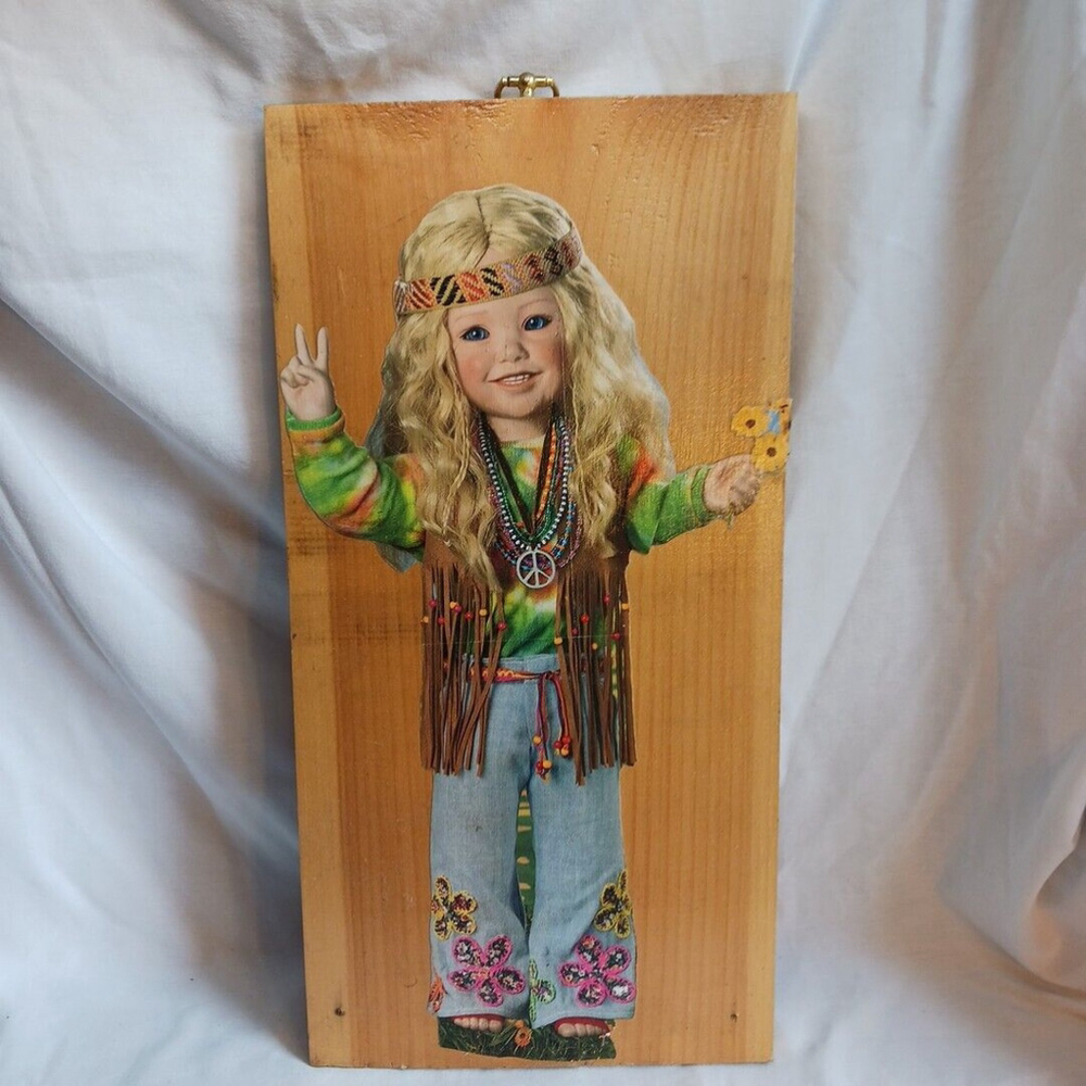 Vintage Hippie Girl Wooden Decoupage Wall Plaque Decor